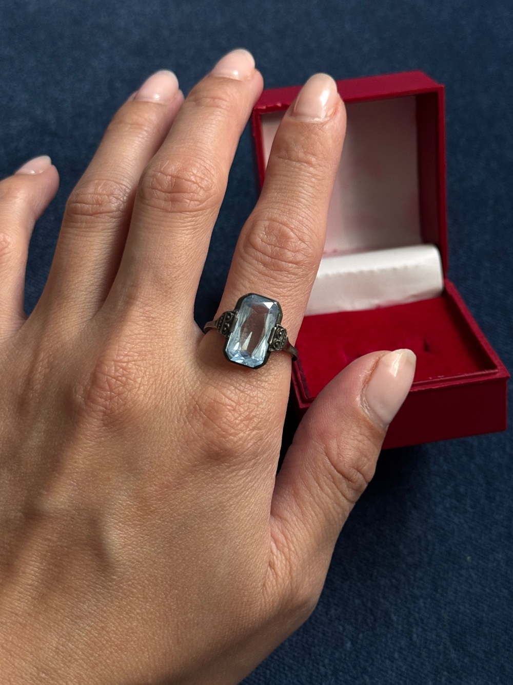 Vintage Art Deco Style Sterling Silver Blue stone Ring size 8